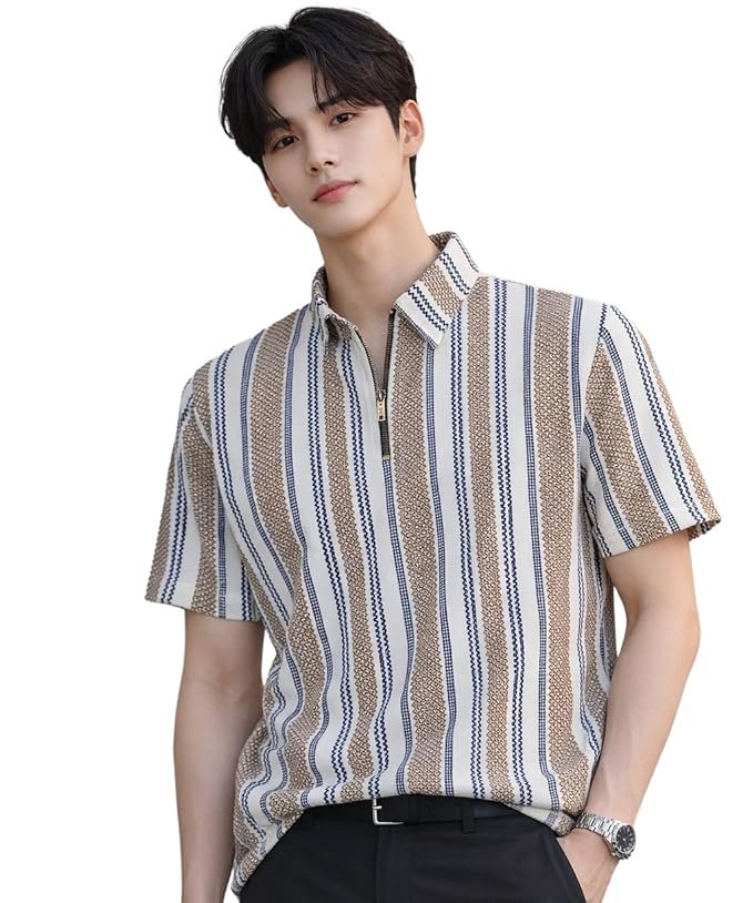 London Hills Men’s Loose Fit Half Sleeve Vertical Striped Polo T-Shirt with Zip Collar | Premium Polyester Fabric | T Shirt for Man | Tshirt | Shirts Men | Tshirt for Man | Men T-Shirts