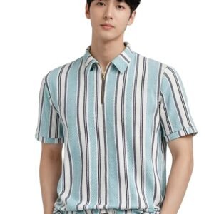 London Hills Men’s Loose Fit Half Sleeve Vertical Striped Polo T-Shirt with Zip Collar | Premium Polyester Fabric | T Shirt for Man | Tshirt | Shirts Men | Tshirt for Man | Men T-Shirts