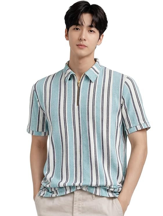 London Hills Men’s Loose Fit Half Sleeve Vertical Striped Polo T-Shirt with Zip Collar | Premium Polyester Fabric | T Shirt for Man | Tshirt | Shirts Men | Tshirt for Man | Men T-Shirts