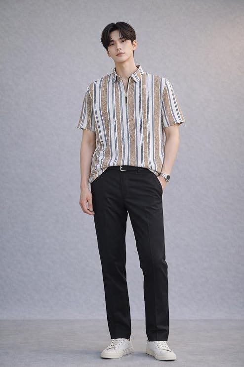 London Hills Men’s Loose Fit Half Sleeve Vertical Striped Polo T-Shirt with Zip Collar | Premium Polyester Fabric | T Shirt for Man | Tshirt | Shirts Men | Tshirt for Man | Men T-Shirts