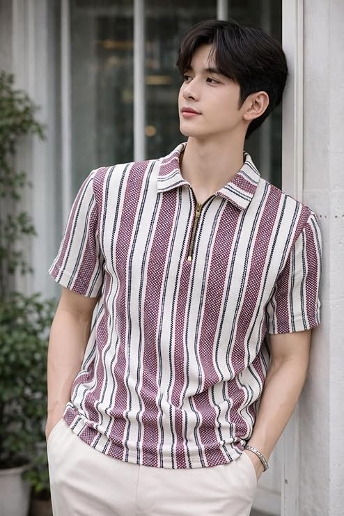 London Hills Men’s Loose Fit Half Sleeve Vertical Striped Polo T-Shirt with Zip Collar | Premium Polyester Fabric | T Shirt for Man | Tshirt | Shirts Men | Tshirt for Man | Men T-Shirts