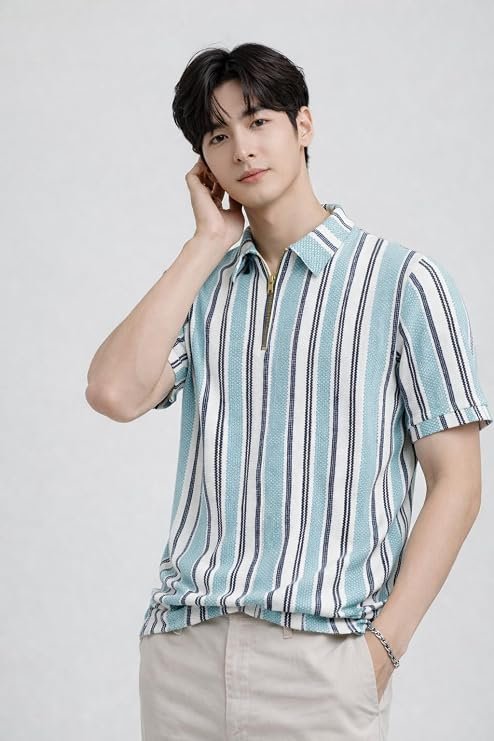 London Hills Men’s Loose Fit Half Sleeve Vertical Striped Polo T-Shirt with Zip Collar | Premium Polyester Fabric | T Shirt for Man | Tshirt | Shirts Men | Tshirt for Man | Men T-Shirts